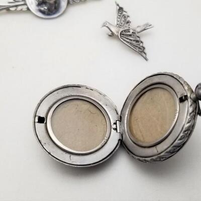 Lot #115  Vintage Jewelry Lot - Locket, Sterling Bird Brooch, Dime Brooch