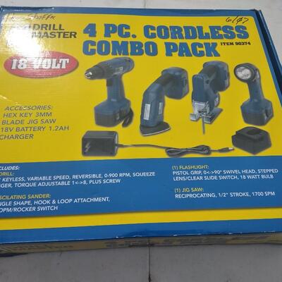LOT 36  NEW DRILL MASTER 4 PC CORDLESS COMBO PACK