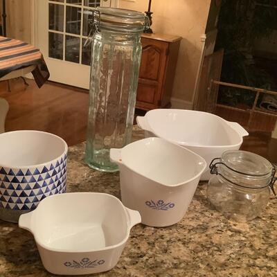 Corning ware, blue/white pot, clamp lid jars