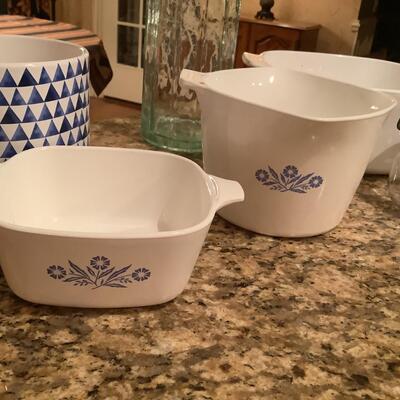 Corning ware, blue/white pot, clamp lid jars