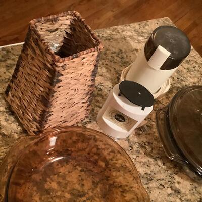 Brown shade glass cook ware, coffee grinder