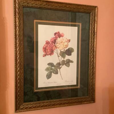 2 green matted gold frame floral art pieces