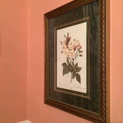 2 green matted gold frame floral art pieces