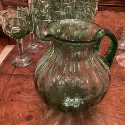Mexican glass stemware and green pitcher