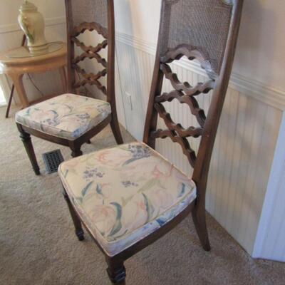 Set of Six Wood Frame Cane Back Dining Chairs with Upholstered Seats