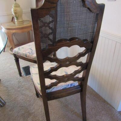 Set of Six Wood Frame Cane Back Dining Chairs with Upholstered Seats