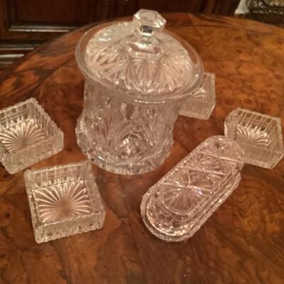 Glass canister, butter dish, square bowls