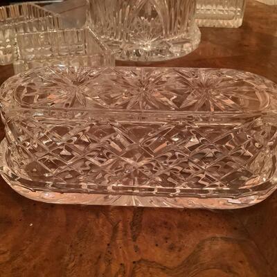 Glass canister, butter dish, square bowls