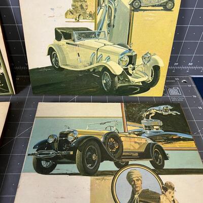 Antique 5 Cars Decoupaged on Board 