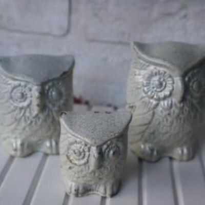 Set of three solid brass owl figurines painted white