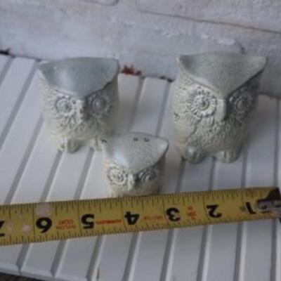 Set of three solid brass owl figurines painted white