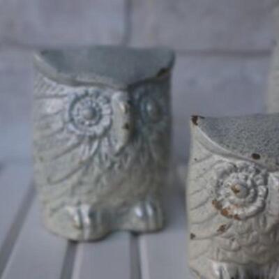 Set of three solid brass owl figurines painted white