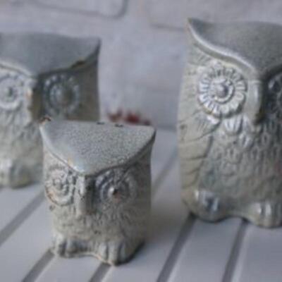 Set of three solid brass owl figurines painted white
