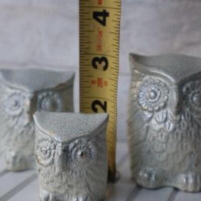 Set of three solid brass owl figurines painted white