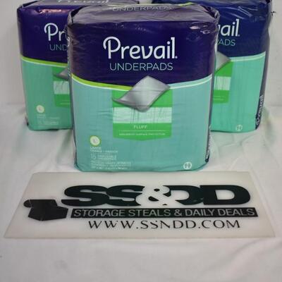 Adult Prevail Underpads, Large Size: 3 pkgs/15 Disposable Pads in Each - New