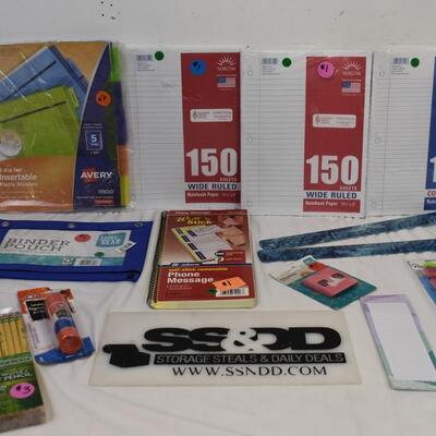14 pc School/Office Supplies; Ruled paper, Erasers, Pouch, etc - New
