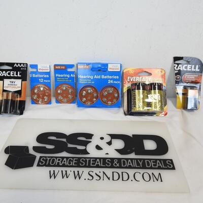 7 Packs of Various Batteries: Duracell AAA, D2, 9V, Hearing Aid Batteries - New