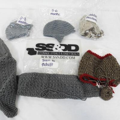 6 pc Handmade Crochet Hats 0-3m, 3-6m, Toddler, Adult, Some need Finishing - New