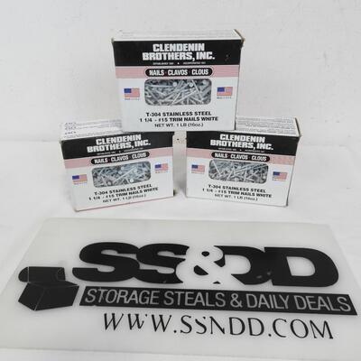 3 Boxes Clendenin Brothers Stainless Steel Trim Nails, White. Each is 1lb - New