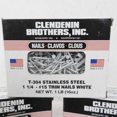 3 Boxes Clendenin Brothers Stainless Steel Trim Nails, White. Each is 1lb - New