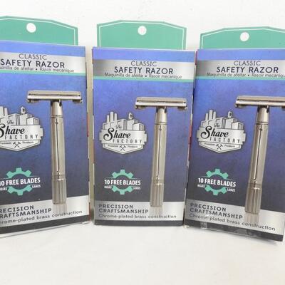 Qty 3 Shaving Factory Twist To Open Double Edge Safety Razor w/ 10 Blades - New