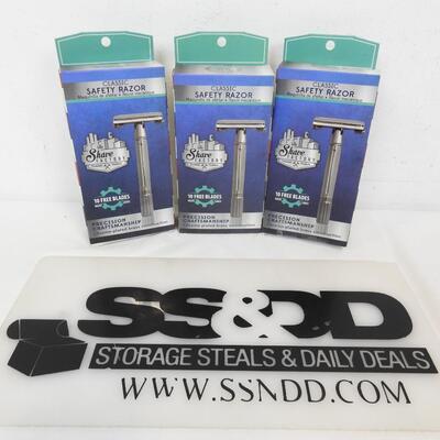 Qty 3 Shaving Factory Twist To Open Double Edge Safety Razor w/ 10 Blades - New