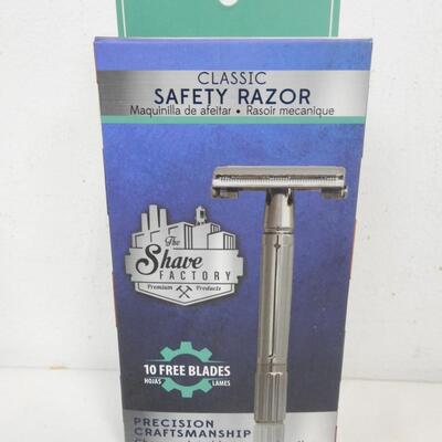 Qty 3 Shaving Factory Twist To Open Double Edge Safety Razor w/ 10 Blades - New