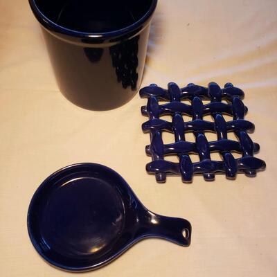 Three ceramic cobalt kitchen accessories