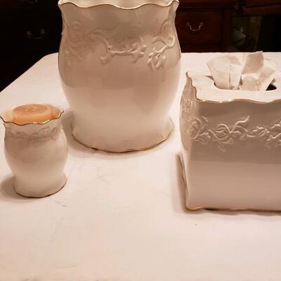 Three piece set of ceramic bath accessories