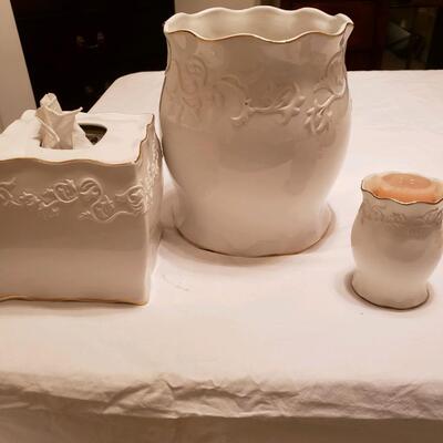Three piece set of ceramic bath accessories