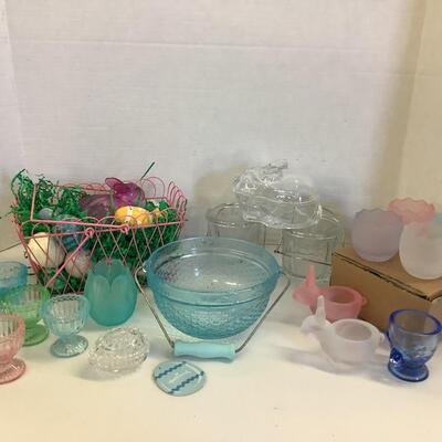 986 Lot of Glass Easter Bunny Egg Cups, Votives, Basket and more