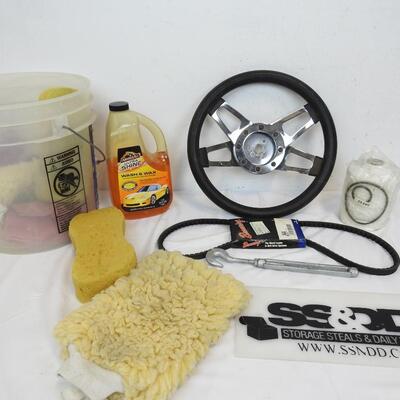 13 pc Car Accessory & Wash Items: Steering Wheel, Drive Belt, Wash & Wax Soap