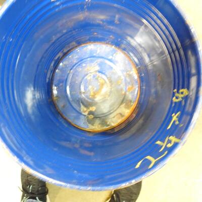 5 Gallon (?) Metal Drum: 13.5" Round, 17" High, Fair Condition, Blue with Rust