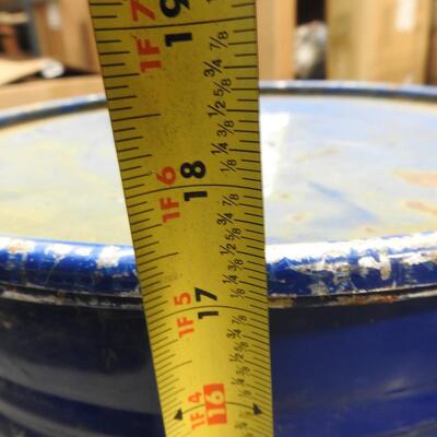 5 Gallon (?) Metal Drum: 13.5" Round, 17" High, Fair Condition, Blue with Rust