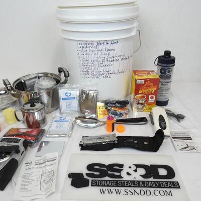 5 Gallon Bucket: Complete Survival Kit: Pan, Stove, Wind up Flashlight & Radio