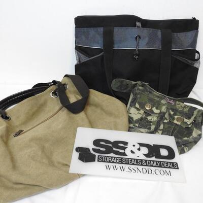 3 Purse/Bags:  Hurley Camo Purse, 1 Black Tote, 1 Light Brown Tote