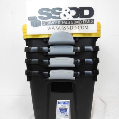 4 Durabilt 10 Gallon Tubs.  Black with Yellow Lids (Lids damaged, see pics)