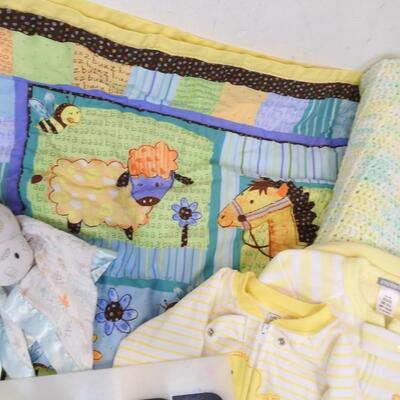 10 pc Baby Lot: Crib Sheets and Matching Blanket, Crochet Blanket, 2 Sleepers