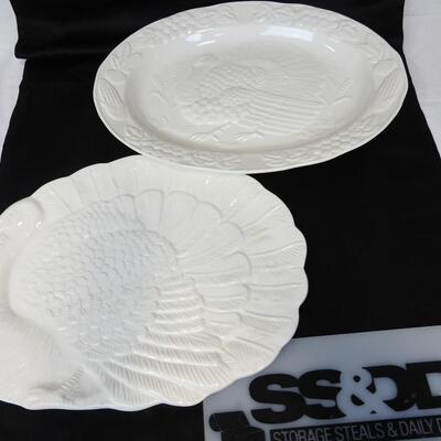 2 Ceramic White Serving Platters 13.5"x 17.5 Turkey Themed