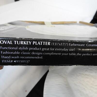 2 Ceramic White Serving Platters 13.5"x 17.5 Turkey Themed