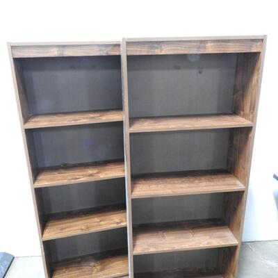 2 Matching Bookshelves, Brown Wood with 4 Shelves, 24" x 12" x 59"
