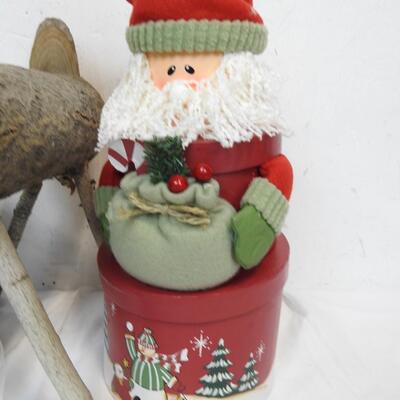 Christmas Lot: Basket w/Reindeer, Stacking Boxes, Table Runner, Ornaments, Tins