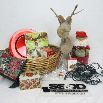 Christmas Lot: Basket w/Reindeer, Stacking Boxes, Table Runner, Ornaments, Tins