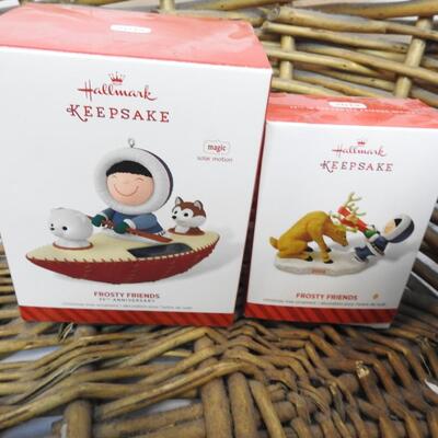 Christmas Lot: Basket w/Reindeer, Stacking Boxes, Table Runner, Ornaments, Tins