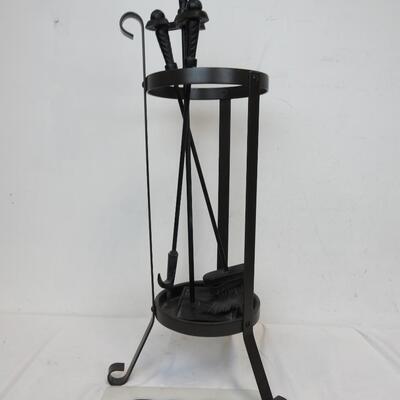 Plant Holder/Fireplace Tools Set, Black Metal, Poker, Broom,Scoop,Good Condition