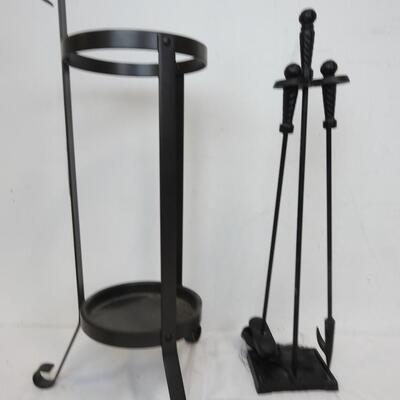 Plant Holder/Fireplace Tools Set, Black Metal, Poker, Broom,Scoop,Good Condition