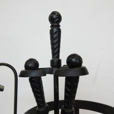 Plant Holder/Fireplace Tools Set, Black Metal, Poker, Broom,Scoop,Good Condition