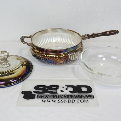 Metal Serving Pan with Lid, needs polishing. 3q Pyrex Glass Liner, Vintage