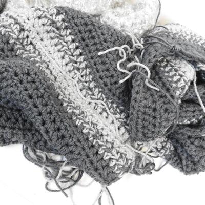 Yarn & Partially Completed Projects. Gray, Blue, Green, & White