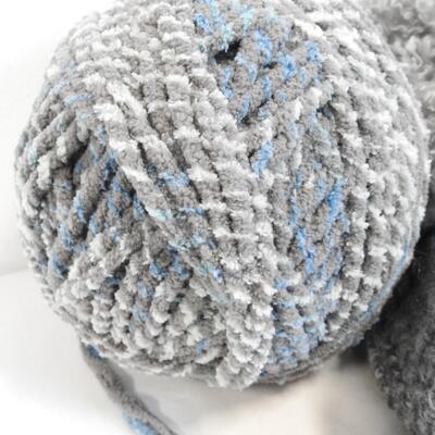 Yarn & Partially Completed Projects. Gray, Blue, Green, & White